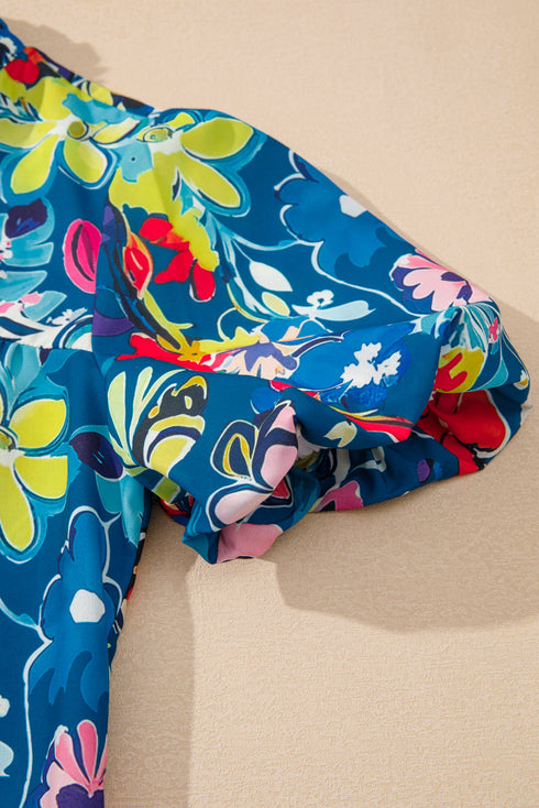 Floral Print Collared V Neck Puff Short Sleeve Blouse