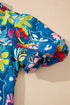 Floral Print Collared V Neck Puff Short Sleeve Blouse