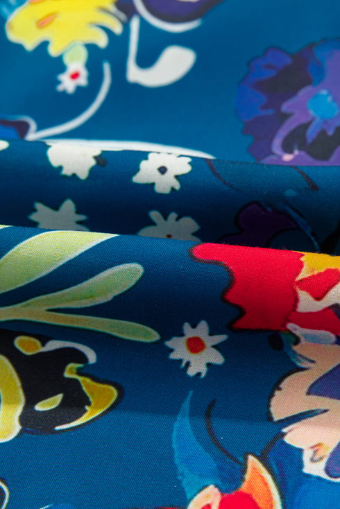 Floral Print Collared V Neck Puff Short Sleeve Blouse