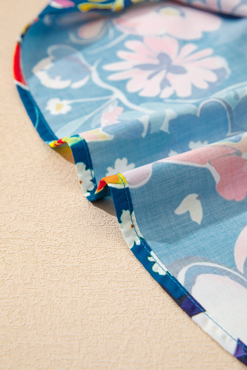 Floral Print Collared V Neck Puff Short Sleeve Blouse