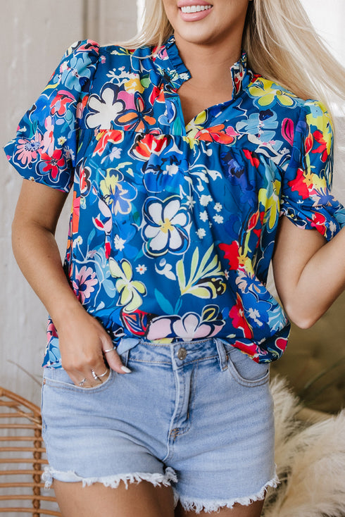 Floral Print Collared V Neck Puff Short Sleeve Blouse