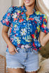 Floral Print Collared V Neck Puff Short Sleeve Blouse