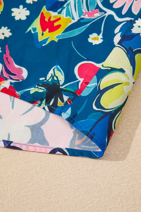 Floral Print Collared V Neck Puff Short Sleeve Blouse