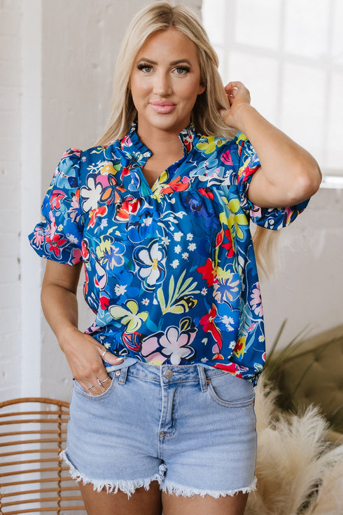 Floral Print Collared V Neck Puff Short Sleeve Blouse