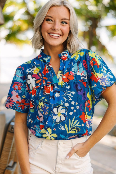 Floral Print Collared V Neck Puff Short Sleeve Blouse