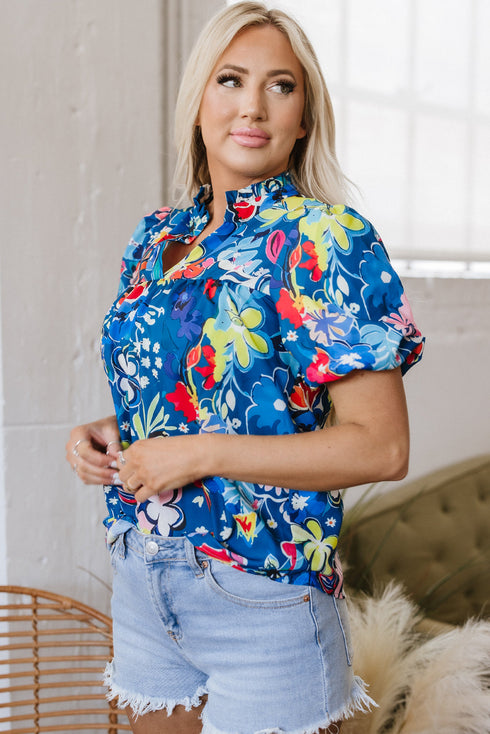 Floral Print Collared V Neck Puff Short Sleeve Blouse