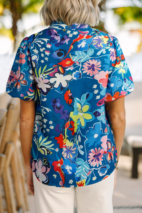 Floral Print Collared V Neck Puff Short Sleeve Blouse
