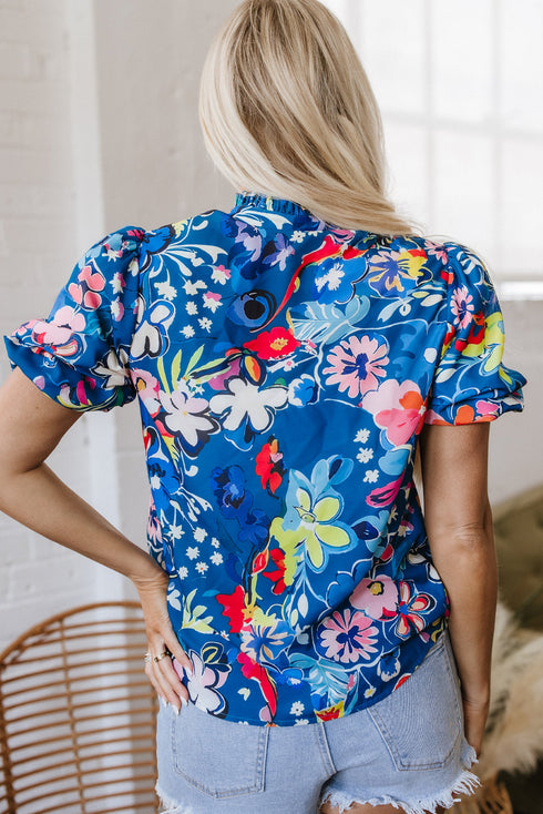 Floral Print Collared V Neck Puff Short Sleeve Blouse