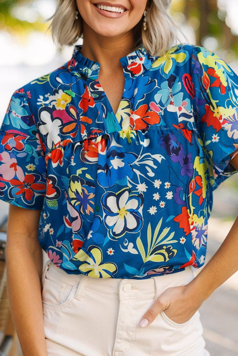 Floral Print Collared V Neck Puff Short Sleeve Blouse