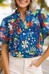 Floral Print Collared V Neck Puff Sleeve Loose Blouse