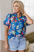 Floral Print Collared V Neck Puff Sleeve Loose Blouse