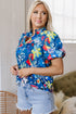 Floral Print Collared V Neck Puff Sleeve Loose Blouse