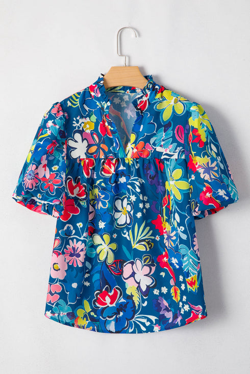 Floral Print Collared V Neck Puff Sleeve Loose Blouse