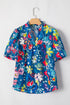 Floral Print Collared V Neck Puff Sleeve Loose Blouse
