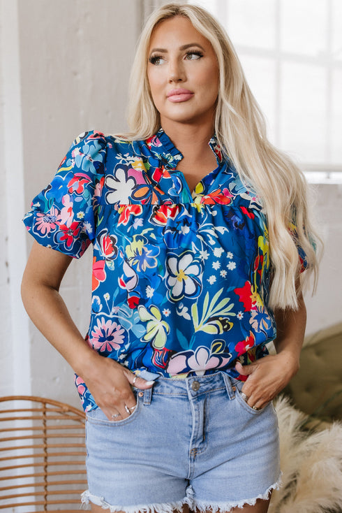 Floral Print Collared V Neck Puff Sleeve Loose Blouse