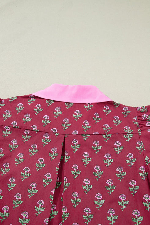 Floral Print Collared V Neck Ricrac Trim Puff Sleeve Blouse