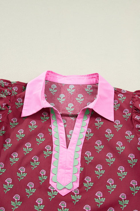 Floral Print Collared V Neck Ricrac Trim Puff Sleeve Blouse