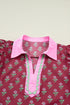 Floral Print Collared V Neck Ricrac Trim Puff Sleeve Blouse