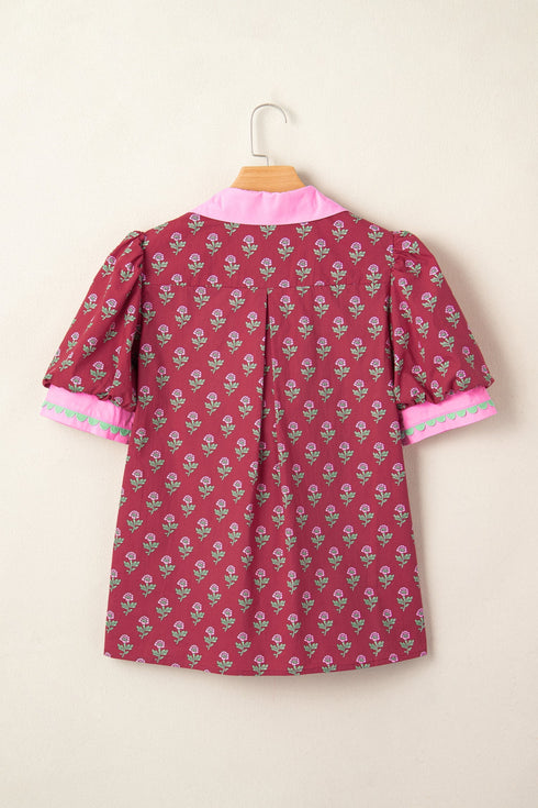Floral Print Collared V Neck Ricrac Trim Puff Sleeve Blouse
