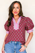 Floral Print Collared V Neck Ricrac Trim Puff Sleeve Blouse