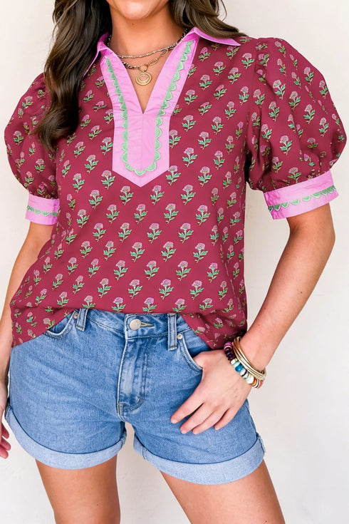 Floral Print Collared V Neck Ricrac Trim Puff Sleeve Blouse