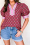 Floral Print Collared V Neck Ricrac Trim Puff Sleeve Blouse