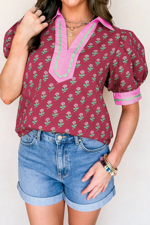 Floral Print Collared V Neck Ricrac Trim Puff Sleeve Blouse