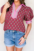 Floral Print Collared V Neck Ricrac Trim Puff Sleeve Blouse