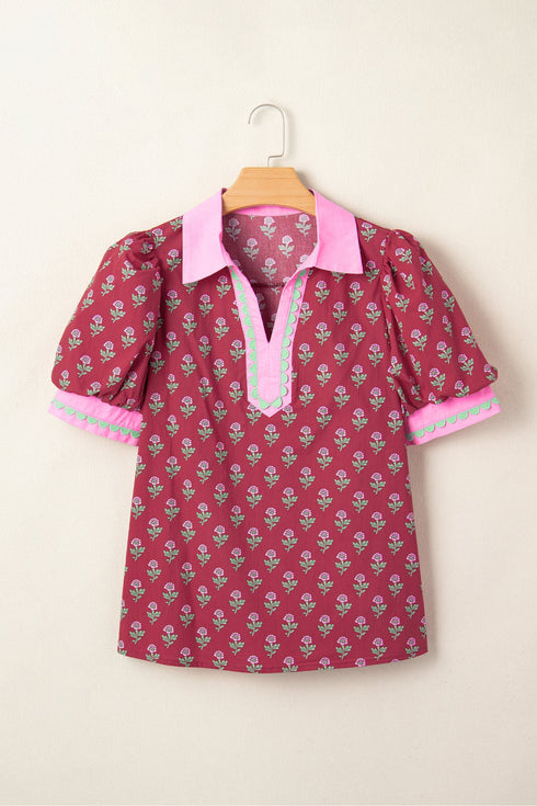 Floral Print Collared V Neck Ricrac Trim Puff Sleeve Blouse