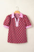 Floral Print Collared V Neck Ricrac Trim Puff Sleeve Blouse