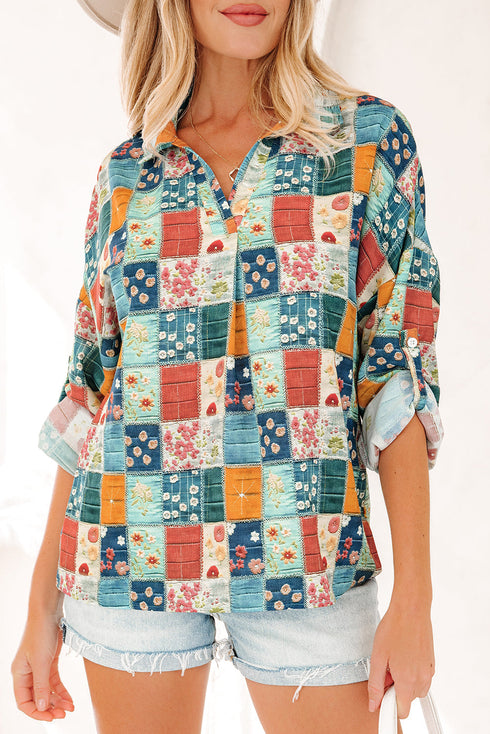 Floral Print Collared V Neck Roll Up Sleeve Blouse