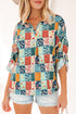 Floral Print Collared V Neck Roll Up Sleeve Blouse