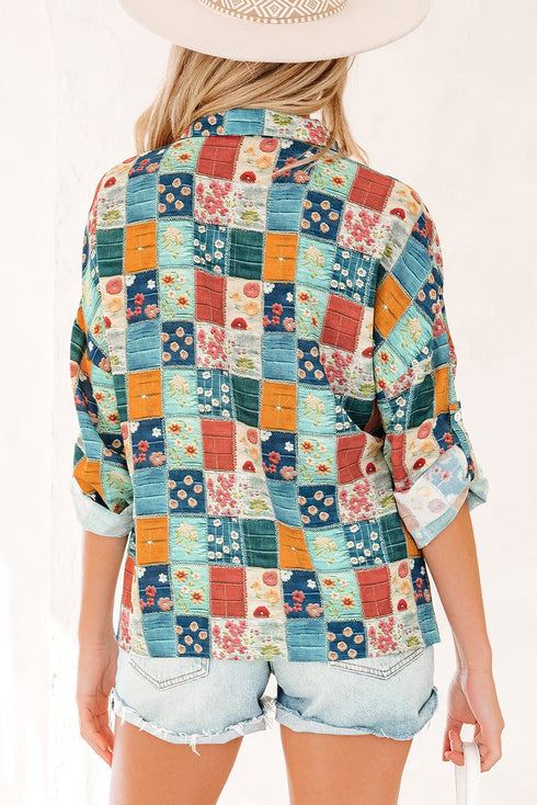 Floral Print Collared V Neck Roll Up Sleeve Blouse