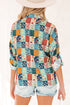 Floral Print Collared V Neck Roll Up Sleeve Blouse