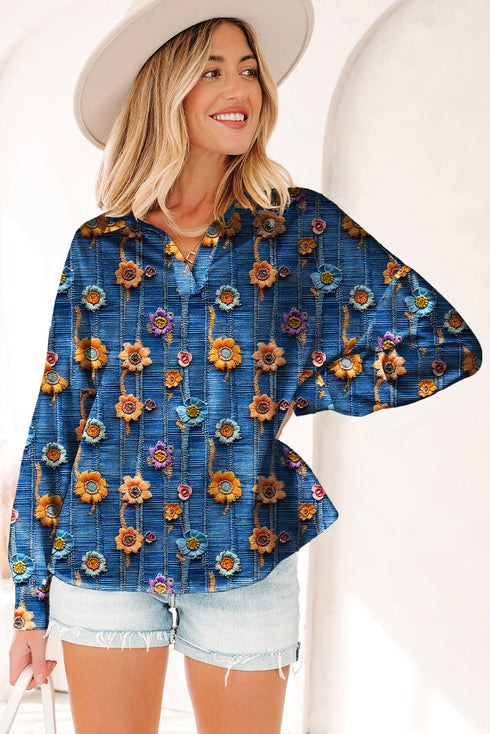 Floral Print Collared V Neck Roll Up Sleeve Blouse