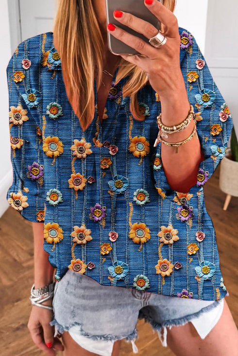 Floral Print Collared V Neck Roll Up Sleeve Blouse