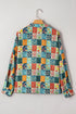 Floral Print Collared V Neck Roll Up Sleeve Blouse
