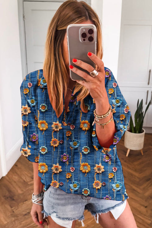 Floral Print Collared V Neck Roll Up Sleeve Blouse