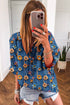 Floral Print Collared V Neck Roll Up Sleeve Blouse