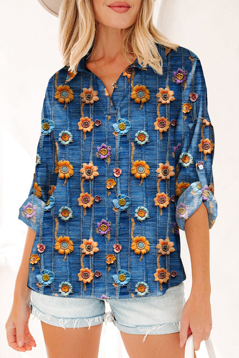 Floral Print Collared V Neck Roll Up Sleeve Blouse
