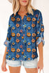 Floral Print Collared V Neck Roll Up Sleeve Blouse