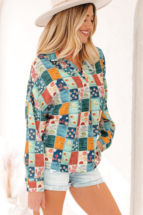 Floral Print Collared V Neck Roll Up Sleeve Blouse