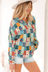 Floral Print Collared V Neck Roll Up Sleeve Blouse