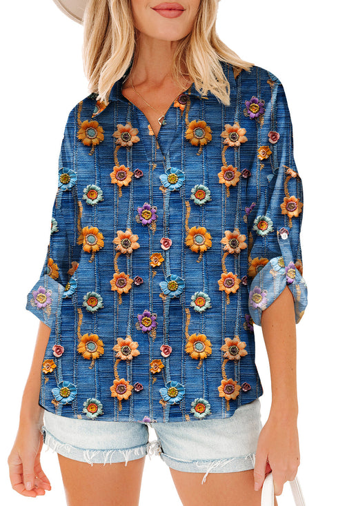 Floral Print Collared V Neck Roll Up Sleeve Blouse