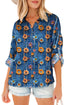 Floral Print Collared V Neck Roll Up Sleeve Blouse