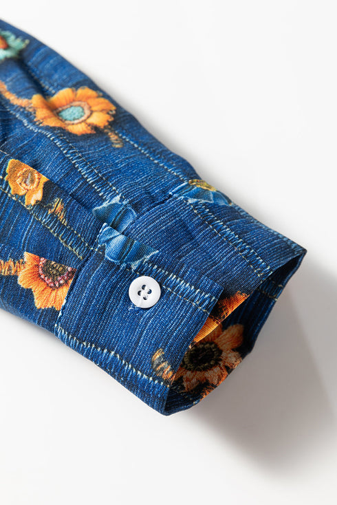 Floral Print Collared V Neck Roll Up Sleeve Blouse