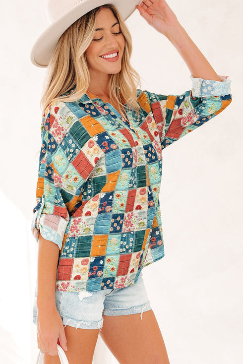 Floral Print Collared V Neck Roll Up Sleeve Blouse