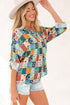 Floral Print Collared V Neck Roll Up Sleeve Blouse