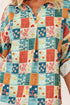 Floral Print Collared V Neck Roll Up Sleeve Blouse