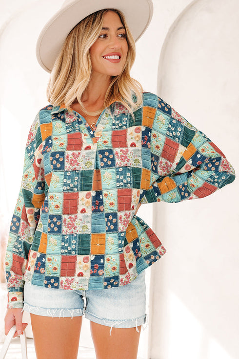 Floral Print Collared V Neck Roll Up Sleeve Blouse
